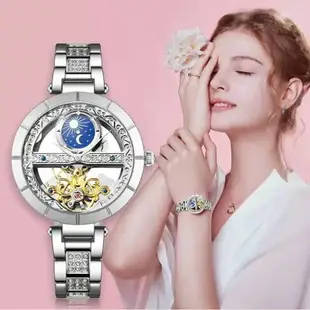 新款日月星辰鏤空全自動機械表ins風高級感防水氣質小眾輕奢女表 手錶