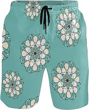 [GuoChe] Men's Beach Shorts Circular Geometric Teal Flowers Quick Dry Swimwear Sports Running Swim Board Shorts Pants with Mesh