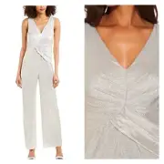 Adrianna Papell V Neck Wide Leg Jumpsuit Silver Metallic Womens Size 10 New Year