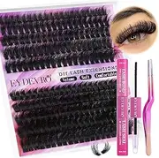 EYDEVRO Eyelash Extension Kit - Fluffy D Curl Clusters, Thick Volume Individual Lashes 200 Pcs, DIY With Lash Bond, Seal and Tweezers (60D80D, 10-18mm)