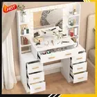 Vanity Table 7 Drawers Makeup Vanity Desk w/ LED Lighted Mirror Dressing Desk