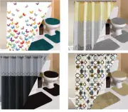 COMPLETE BATHROOM SET MATCHING SHOWER CURTAIN & BATH MATS CONTOUR LID COVER