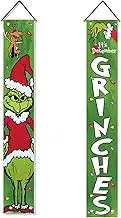 Christmas Grinch Banner for Front Door, Christmas Grinch Door Banner, Christmas Winter Holiday Hanging Banner Flag, Outdoor Xmas Decor Green Grinch Banner for Wall, Front Door Porch, 180 * 30cm (A)