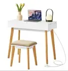 Make Up Vanity & Stool W/ Flip Up Mirror Flip Top 3 LED lights Elec. Outlet USB