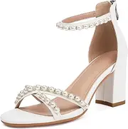 [Latasa] Women's Pearl Heels 3 Inch Chunky Block Heels Ankle Strap Wedding Party Prom Dressy Sandals with Back Zipper