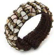 [Avalaya] Sea Shell Chips, Bronze Bead, Dark Brown Cotton Thread Flex Wire Cuff Bracelet - Adjustable