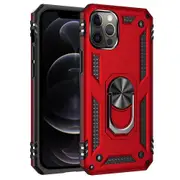 For Apple iPhone 12 Pro Case, Military Grade 360 Degree Rotating Metal Magnetic Ring Car Mount Holder Kickstand Shockproof Heavy Duty Cover (Red)