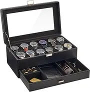 ProCase 12 Slot Watch Box for Men, Jewelry Organizer Box with Drawer, Display Storage Case with Glass Lid -Allblack