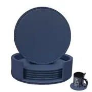 Coasters Set of 6 Soft Leather Drink Coaster Round Coaster Dark-blue,edged Sewn
