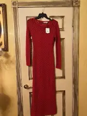 Zara Red Crochet Maxi Dress Boho Open Knit Underdress Size S