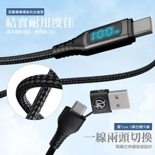 【PICKOGEN 皮克全】二合一VAW數顯 雙Type-C/USB-A TO Type-C PD 1.8M 快充/充電傳輸編織線 神速