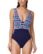 Profile by Gottex Retro Riviera Deep V Neck Halter One Piece Swimsuit