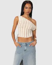 EDIKTED Womens Tamra Sheer Knit Asymmetric Top CREAM