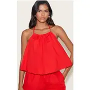 Tomato Red Poplin Low Back Halterneck Top, Tomato Red