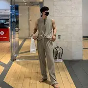 Plain Tank Top / Sweatpants Pants - Khaki - L