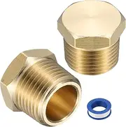 uxcell 2Pcs Brass Hex Head Plug Compression Cap Fitting Stop Valve Cap, 3/8" NPT Hex Thread Pipe Fitting Flare Cap Tubing Ends Sealing Cap with PTFE Tape for Air Conditioner, Water, Gold