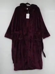 Flygo Robe Womens Medium Dark Red Burgundy Plush Hooded Belted