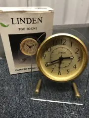New In Box Vintage Linden Gold Tone Quartz Clock Table Desk Alarm Tested