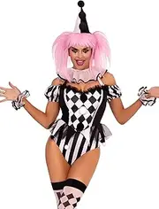 Leg Avenue Women's 4 Pc Captivating Circus Clown with Snap Crotch Bodysuit With Neck Ruffle, Wrist Ruffles, Hat Headband, Multi, Small