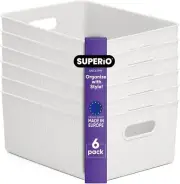 15 Liter Decorative Storage Bins (6 Pack, White) Medium Ribbed Plastic Basket