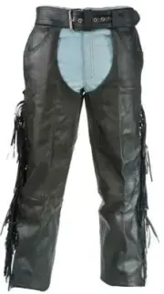 Unisex Leather Chaps Braided and Fringed Sides Mesh Lining Motorcycle