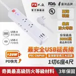 PX大通 PEC-316P4W 電源延長線 1切6座2USB-A+USB-C 4尺(1.2M)