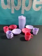 Tupperware Play Set of Kids Mini Mugs Bowls Push Button Pitcher Pink Purple Mini