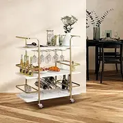 Maxkon Bar Cart Home Bar Mobile Serving Cart 3 Tier with Wine Bottle Racks & Glass Holder Coffee Mini Bar Cart Gold & White