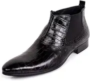 [Generic] Ankle Boot for Men High Top Boot Slip On StyleGenuine Leather Retro Colors Pointed Toe Flats Block Heel Zipper Crocodile Texture