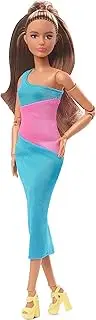 Barbie Looks Doll with Brown Hair Dressed in One-Shoulder Pink and Blue Midi Dress, Posable Made to Move Body