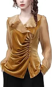 [Generic] Ladies Long Sleeve Ruffles Shirt Spliced Design Satin Top Casual Blouses