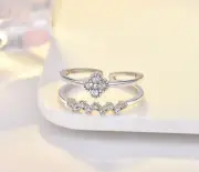 Sparkling Silver Flower Clover Pave Cubic Zirconia Adjustable Band Ring