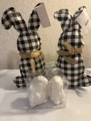 2 Soft Plaid Black White Bunny Rabbits And White Ceramic Bunny Salt And Pepper
