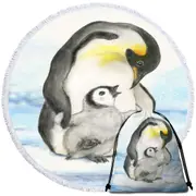 Cute Animal Art Drawings Penguins Holding Hands Round Beach Towel