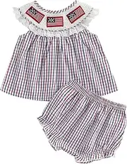 [Adobabirl] Toddler Baby Girl 4th of July Outfit American Flag Lace Plaid Shirt Tops Ruffle Shorts Set Cute Summer Clothes