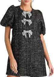 [LifeShe] Tweed Dress Woman with Bows Plaid Puff Short Sleeve Black Jackie O Dresses Casual Sparkly Mini Skirt