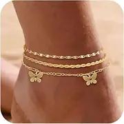 [CLOORDE] 3 Pcs Gold Layered Butterfly Anklets for Women Dainty Cute Butterfly Charm Ankle Bracelets Trendy Non Tranish Gold Cuban Ankle Chains Summer Beach Foot Jewelry Gift for Her