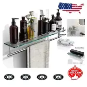 24-Inch Floating Glass Shelf with Chrome Towel Bar - Elegant Bathroom Storage