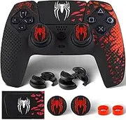 PlayRealm Silicone Skin Cover Sticker x 1 & Extender Grips x 2 for PS5 Controller Spider Edition Red