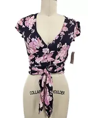 New Flynn Skye Thats A Wrap Crop Top Womens XS Black Pink Blossoms Blouse Rayon