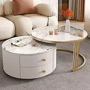 EKDJSN Coffee Table Set of 2, Nesting Table with Two Large Upper and Lower Storage Drawers, Stone+Glass Nesting Coffee, for Small Space, Office, Bedroom(White C,31in+27in)