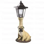 Realistic Fawn Pug Dog Sculpture w/ Solar LED Lighted Lamp Post Patio Lawn Decor