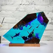 Handmade Ocean Resin Night Light, Great White Shark and Couple Diver Night Light, USB Wooden Table Lamp for Home Office Decor, Unique Art Ornament Christmas