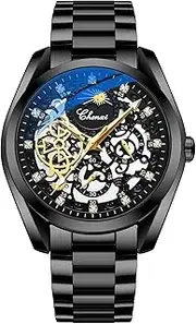 [DAXIAOYU] Men Self-Winding Mechanical Watch, Multifunctional Dial Diamond Watches, Luminous Stainless Steel Sun, Moon and Stars Watch