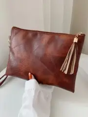 VINTAGE Style FASHION CLUTCH Bag With Wrist Strap TAN (approx 28 cm x 20 cm)