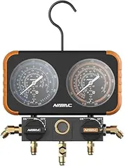 NAVAC N2A4 Manifold Gauge | Class 1.0 Accuracy | Impact-Resistant HVAC Gauge | Aluminum Body and Rubber Cover | Easy-to-Read Analog Display | Folding Hook | 1 Year Warranty