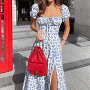 Off-Shoulder Floral Midi Corset Dress White & Blue - XL