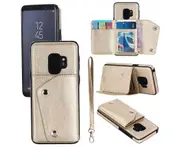Case for Samsung Galaxy S9, Leather Wallet Case With Card Pockets Back Flip Shockproof Cover Case-Gold