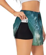 [GaxfjRu] Starry Night Sky Deep Outer Space Print Women's Running Shorts High Waisted Running Shorts Pocket Sporty Gym Elastic Short