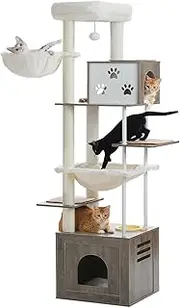 PAWZ Road 190cm Cat Tree for Indoor Cats, Multi-Level 2-in-1 Cat Tower with Sisal Covered Scratching Posts, 2 Wooden Condos, 2 Large Hammocks and 1 Feeding Bowl, Grey